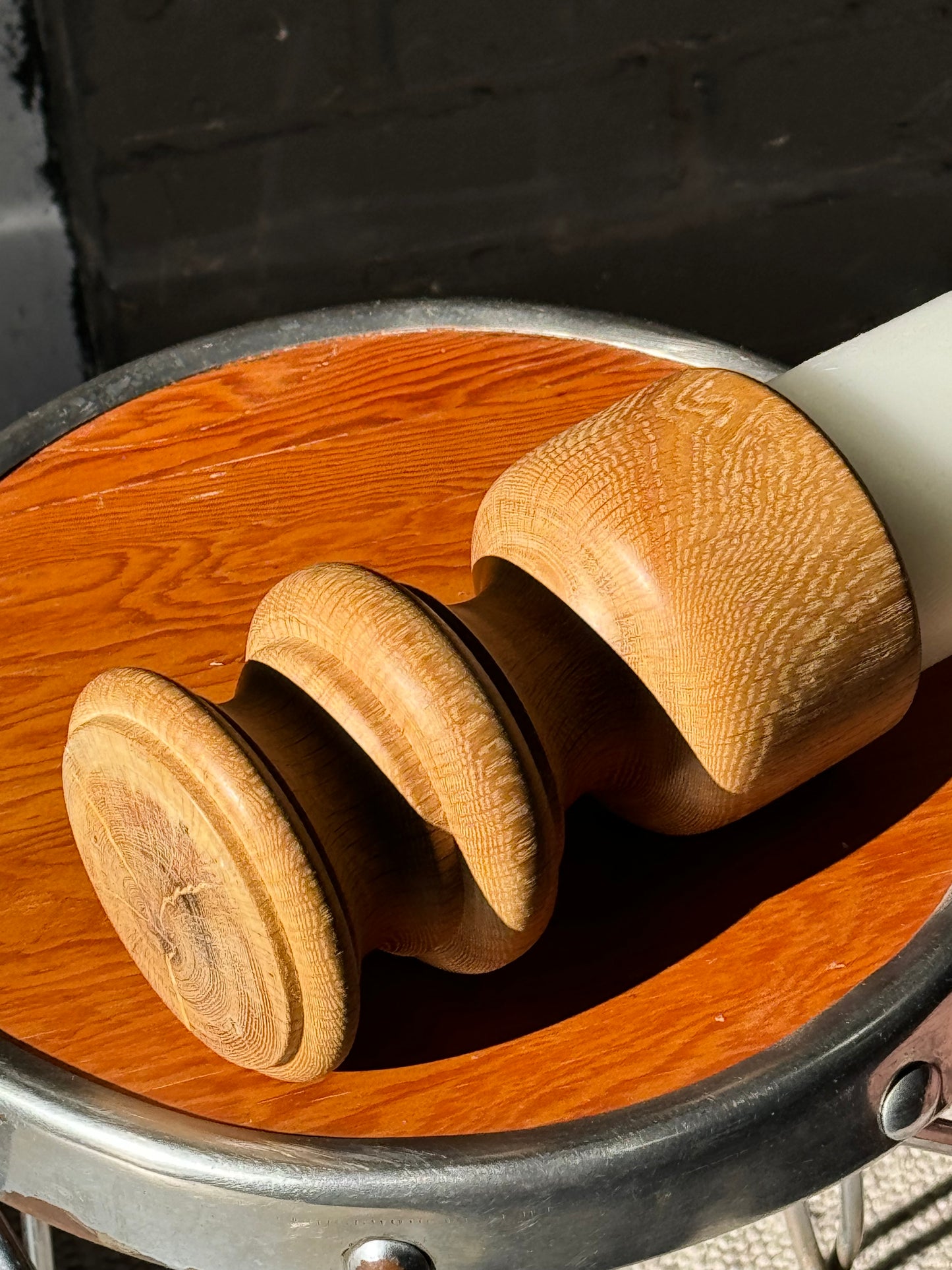 Vintage Hand Carved Oak Candle Holder + Candle