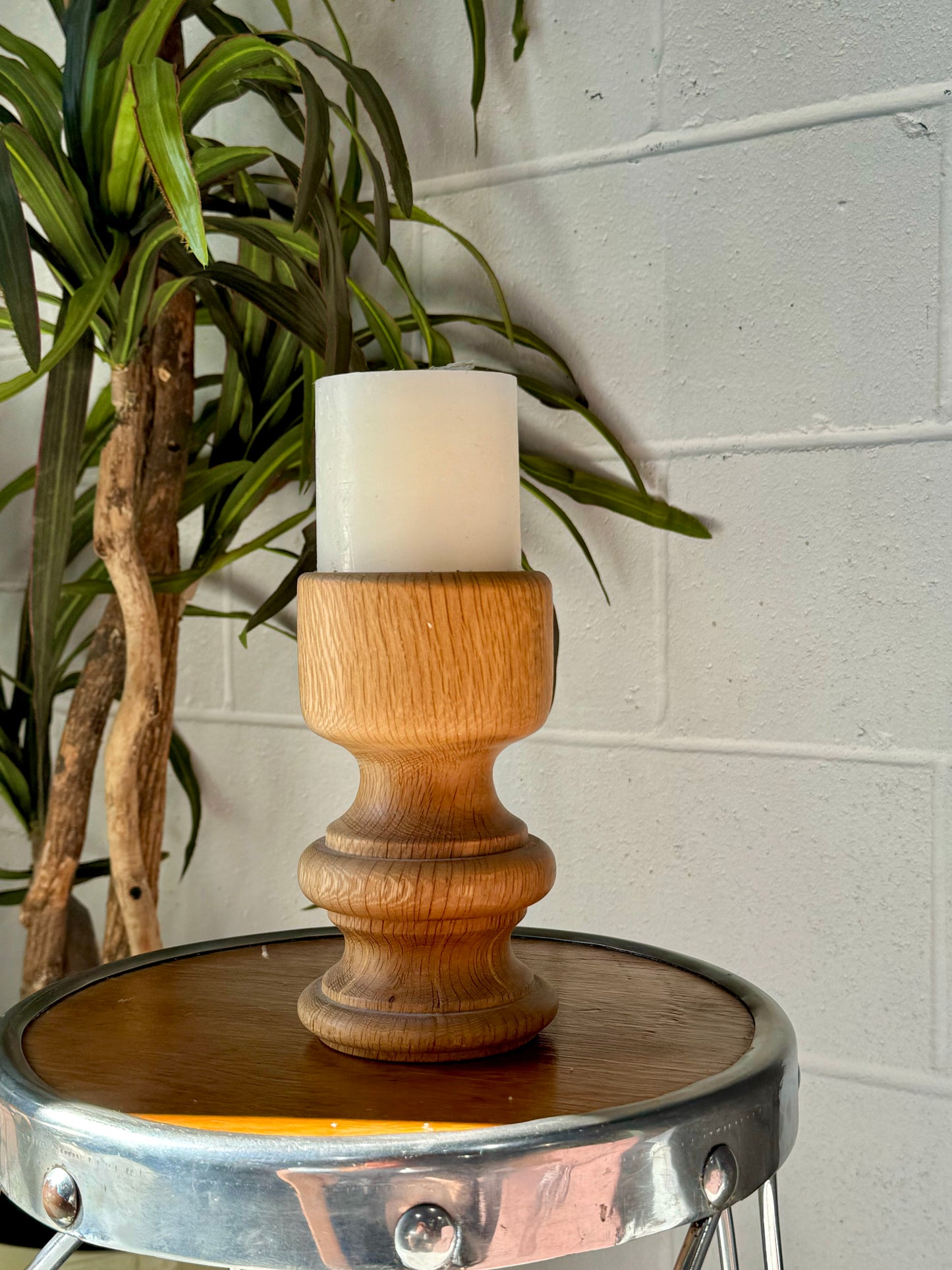 Vintage Hand Carved Oak Candle Holder + Candle