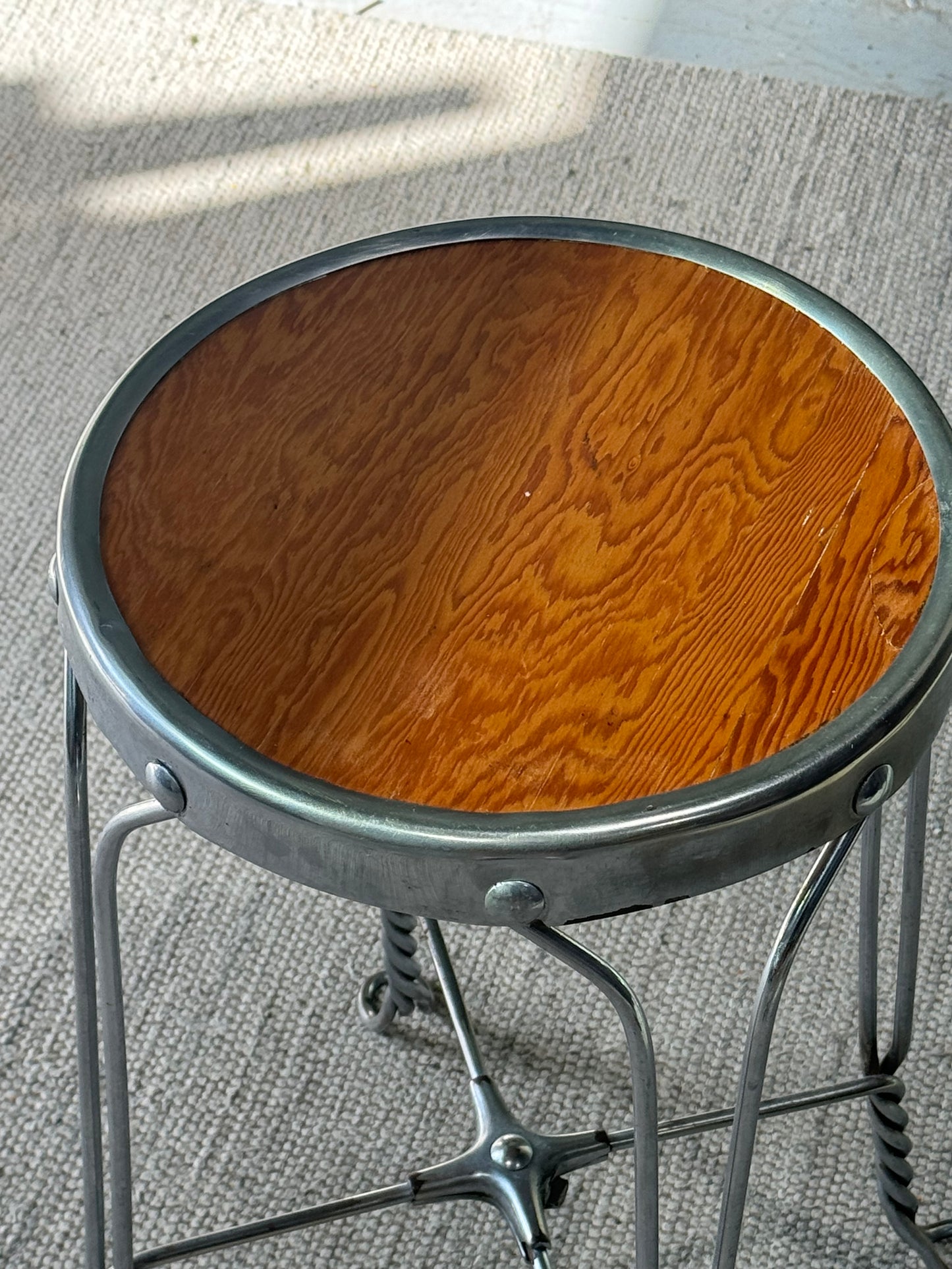 Vintage Cast Aluminum & Oak Stool/Stand