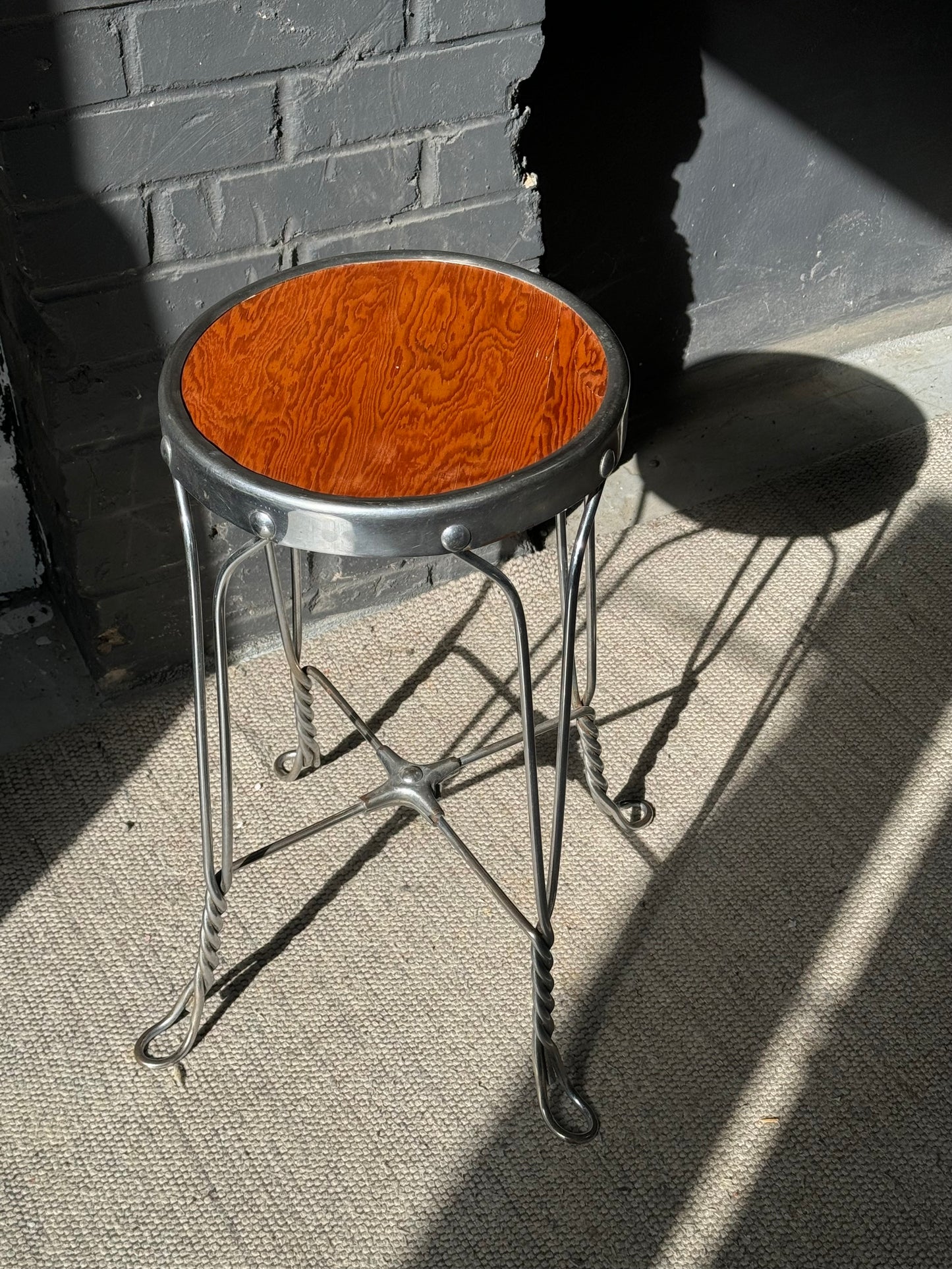 Vintage Cast Aluminum & Oak Stool/Stand