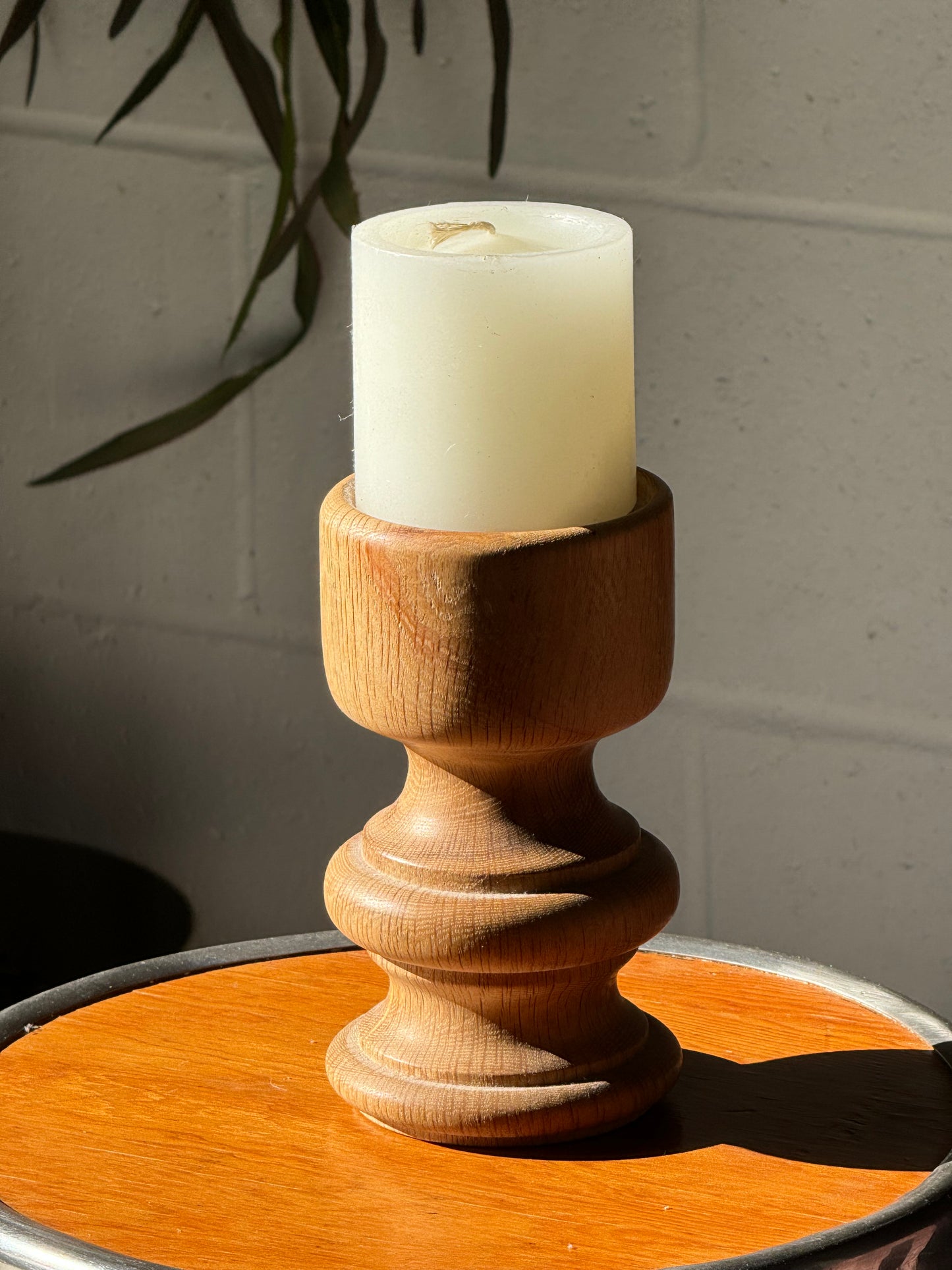 Vintage Hand Carved Oak Candle Holder + Candle