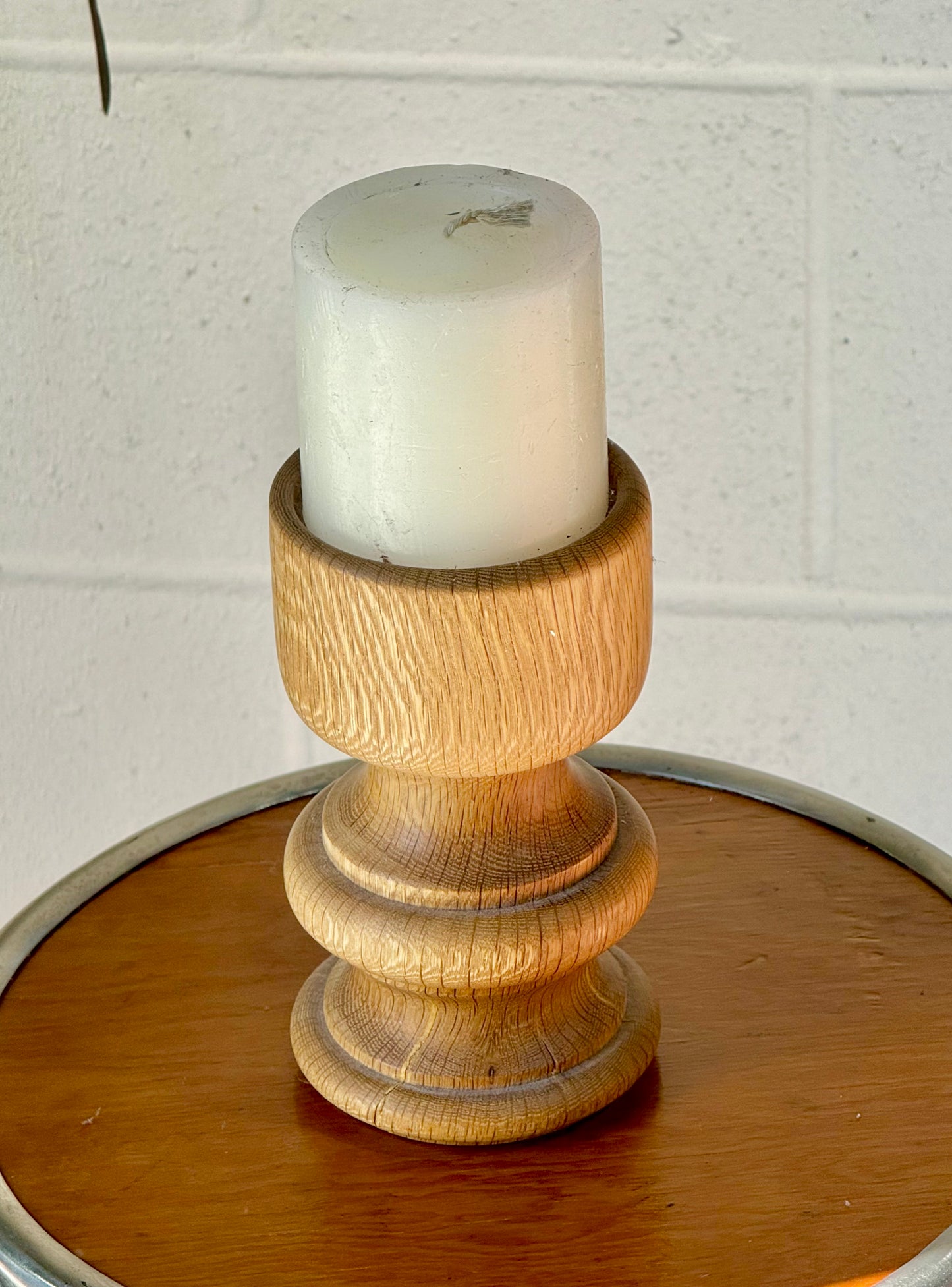 Vintage Hand Carved Oak Candle Holder + Candle