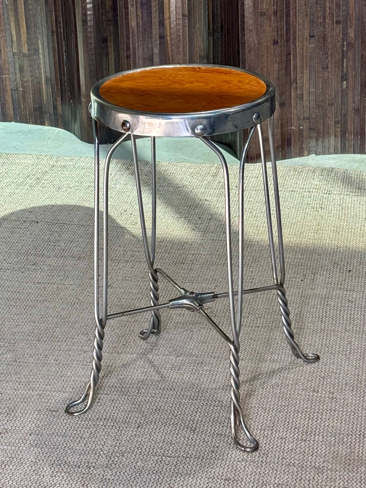 Vintage Cast Aluminum & Oak Stool/Stand