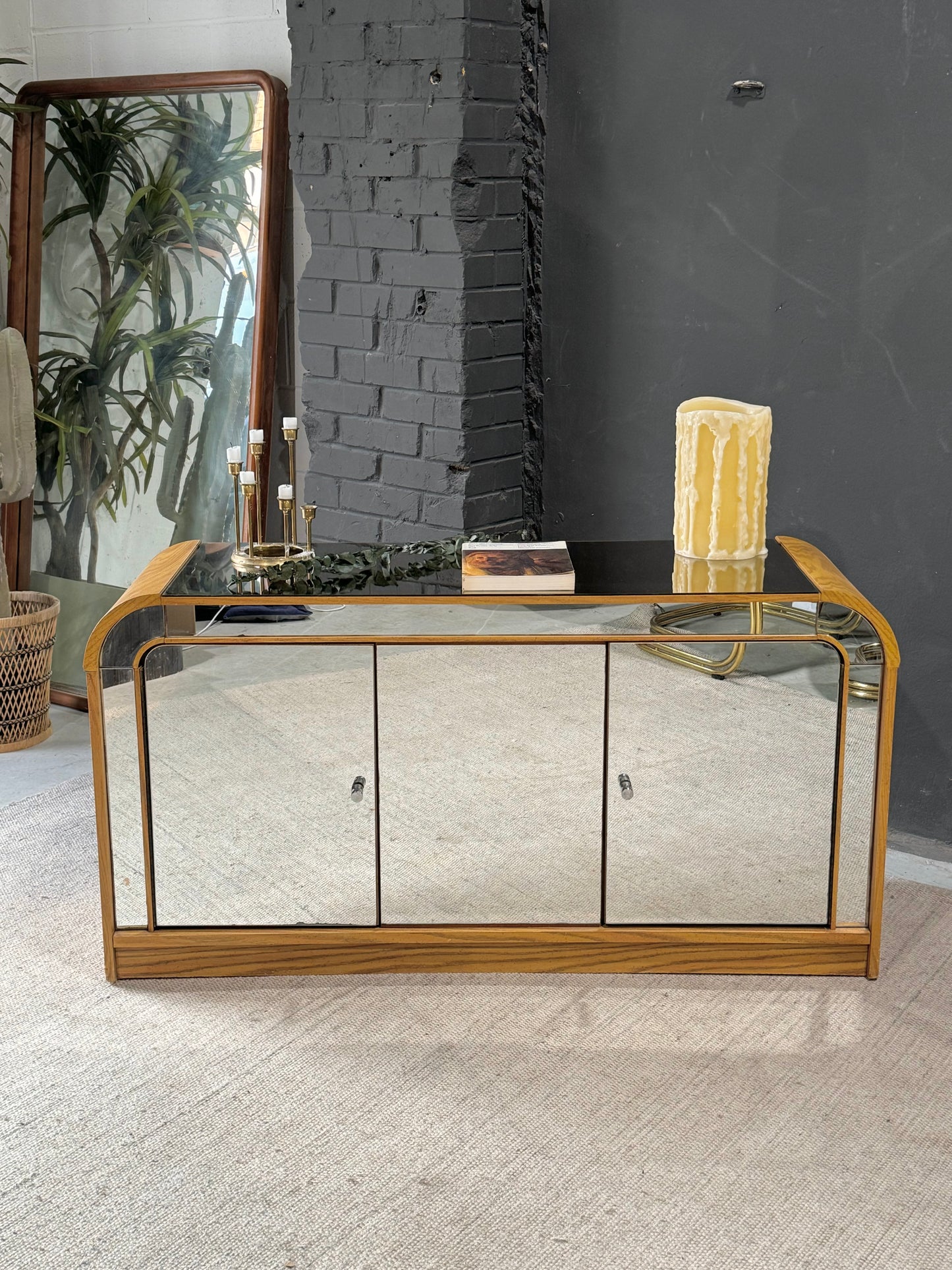 Vintage Mirror & Oak Credenza