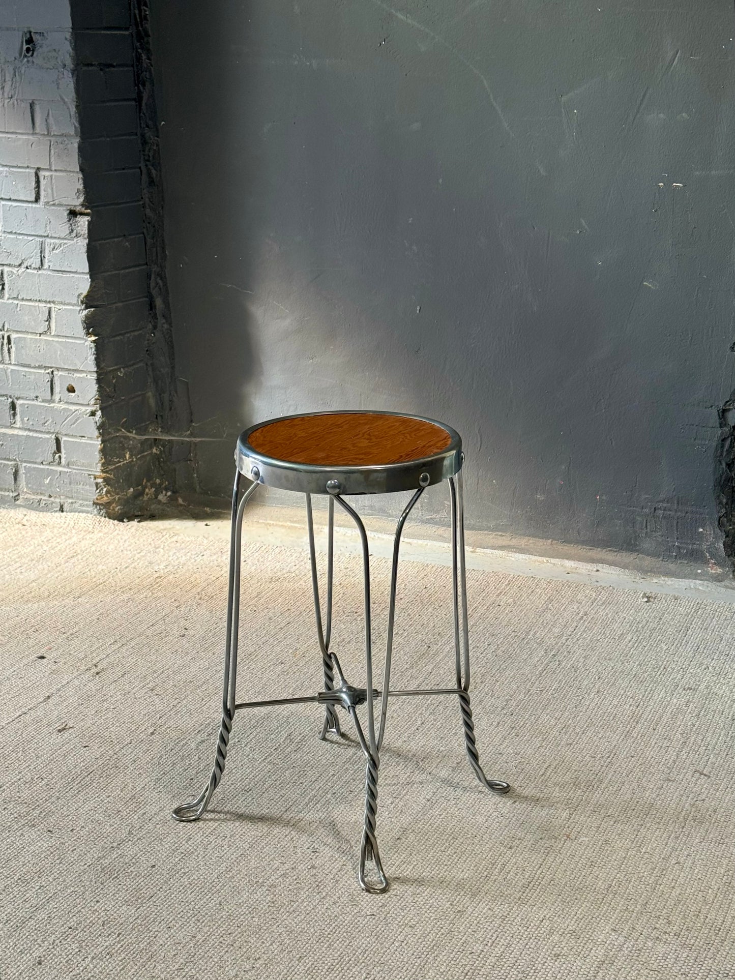 Vintage Cast Aluminum & Oak Stool/Stand