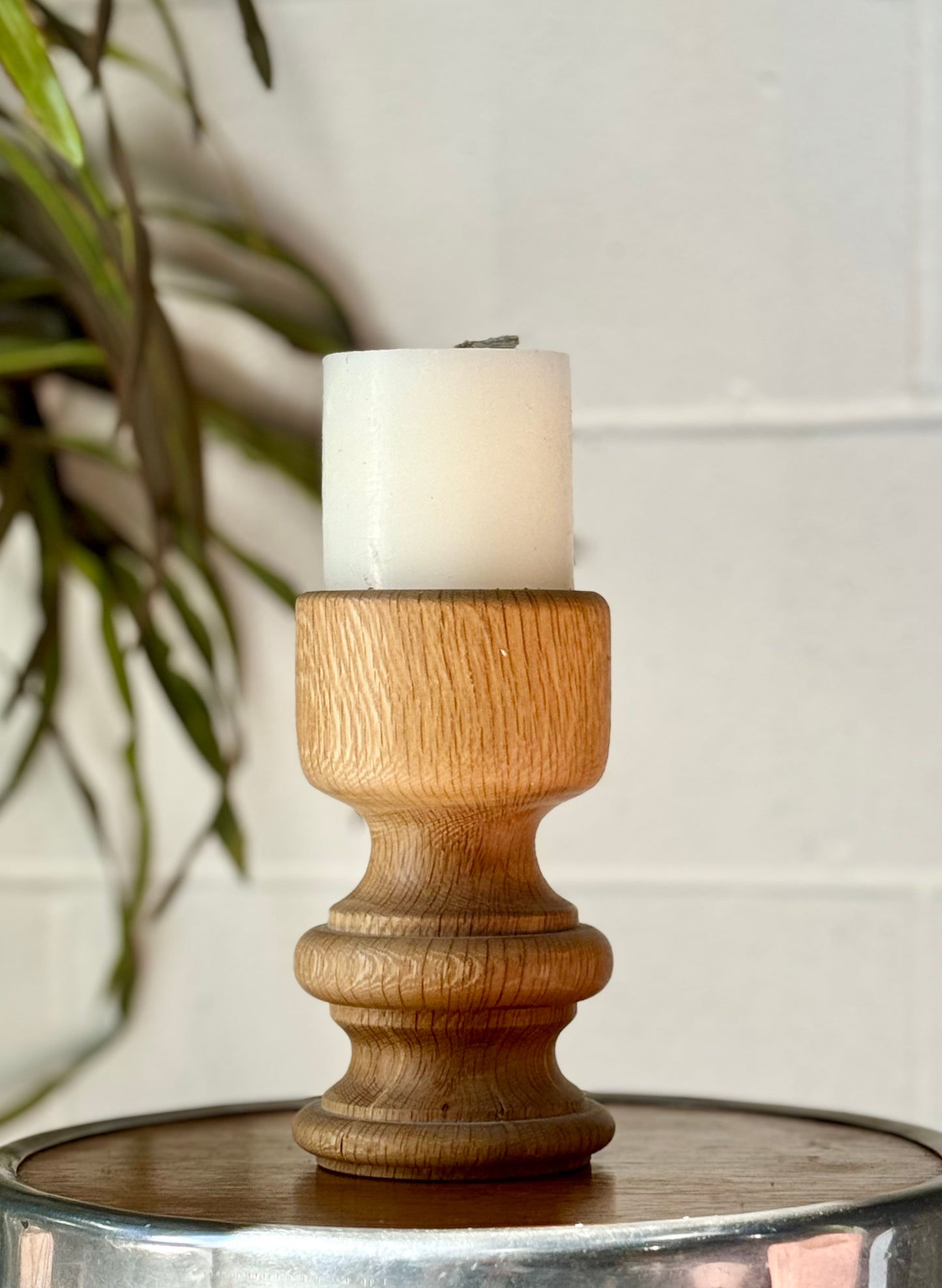 Vintage Hand Carved Oak Candle Holder + Candle